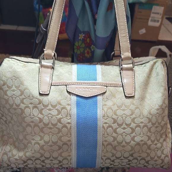 Coach Signature Stripe Nancy Satchel, Missing Shoulder Strap, Good Used Conditio - Picture 1 of 15